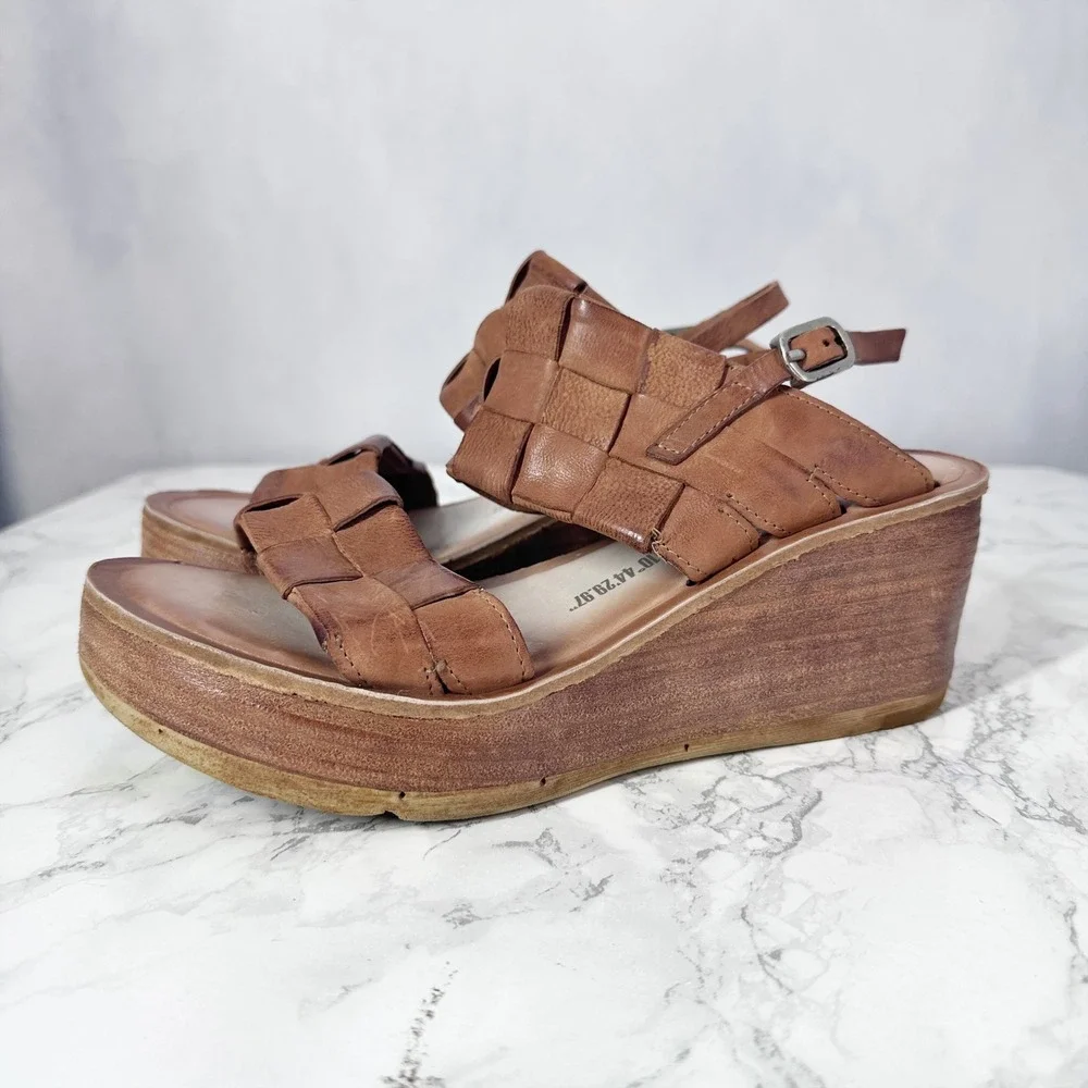 A.S. 98 Nasser Woven Tan Brown Leather Platform Wedge Sandals Women's Size 40